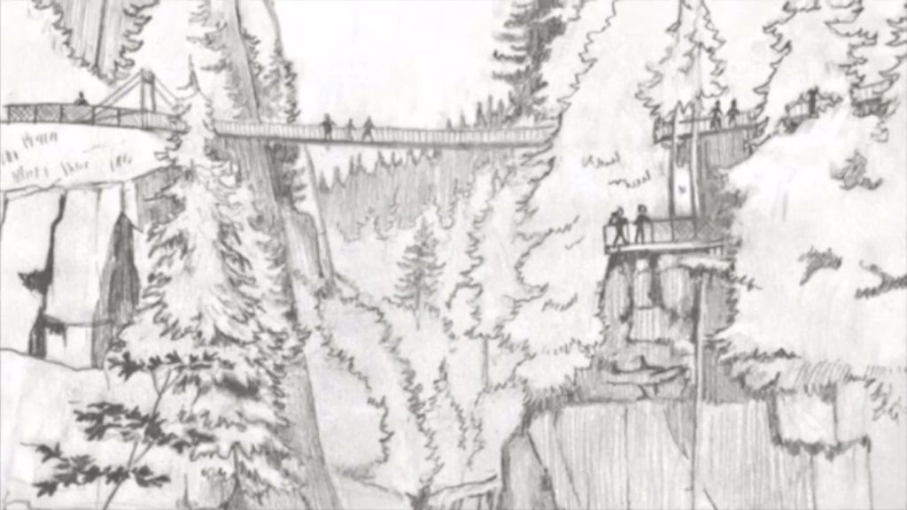 Concept drawing of Elk Falls Suspension Bridge by Paolo Tancan