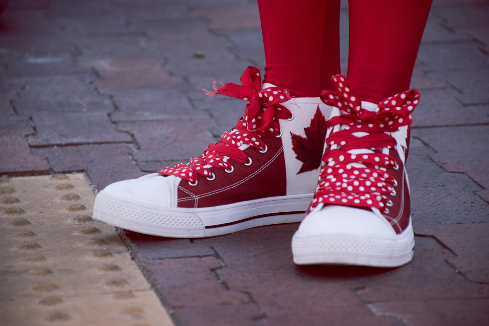 Closeup Photo of Person Wearing White-and-red Maple Leaf-printed Lace-up Sneakers