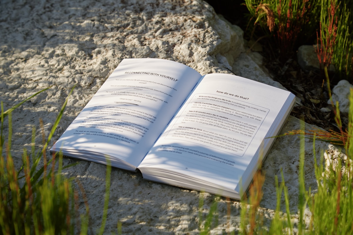 An open book sitting on top of a rock