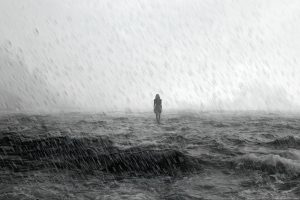 rain, woman, sea