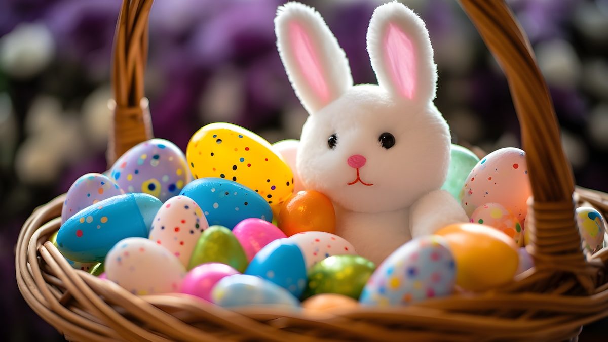 a stuffed rabbit sitting in a basket filled with eggs