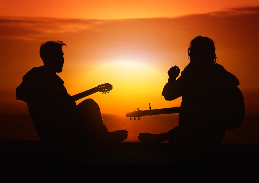 men, guitars, silhouettes